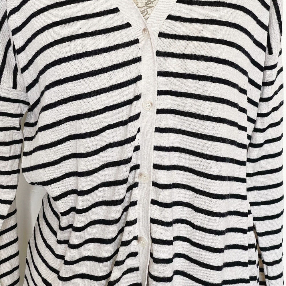 Loft Womens  Sweater Medium Cardigan Button Down Striped Beige Wool Blend Ribbed - Picture 4 of 12